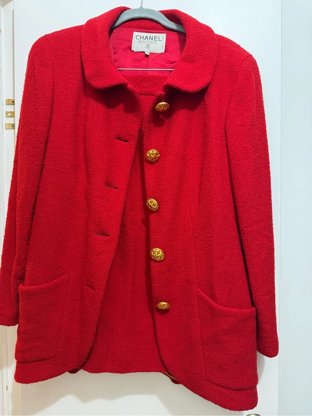 CHANEL Boutique Red Wool Tweed Jacket and Skirt Set with Gold Buttons
